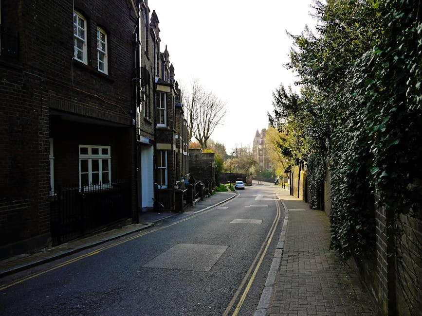 A quiet residential street in Hampstead during daytime, featuring a row of dark brick townhouses with white-framed windows on the left side, some of which have small front gardens enclosed by black metal railings. The street surface is asphalt with double yellow lines along the edge, indicating parking restrictions. A black van is parked near the entrance of one townhouse, suggesting a moving or loading activity. On the right side, there is a paved sidewalk bordered by a tall, dense hedge with green foliage, and occasionally visible trees with bare branches, indicating a possible winter or early spring season. In the background, a few more houses and a large building with a pointed roof can be seen further along the street, which appears to slope gently downward. The scene is illuminated by natural daylight, with a clear sky overhead, and the area appears calm, suitable for home relocation or furniture transport activities, as seen in professional house removals in Hampstead.